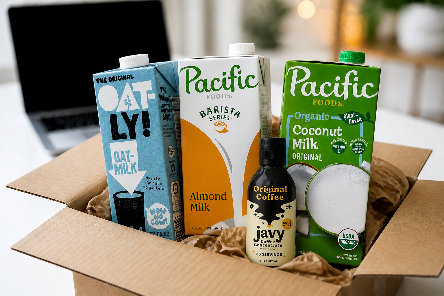 latte kit box with coffee and three milk cartons